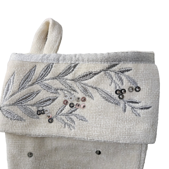 Winter White Velvet Stockings W/ Holly & Berries Embroidered Along With Sequins - Picture 3 of 6